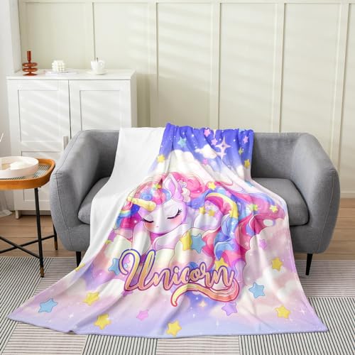 Einhorn-Bettdecke für Kinder, niedlich, bunt, Regenbogen-Fleecedecke, Flanell für Mädchen, Kawaii, Sterne, Wolken, Galaxie, Mikrofaser, weiche Decke, Raumdekoration, Überwurf, 127 x 152,4 cm von Manfei