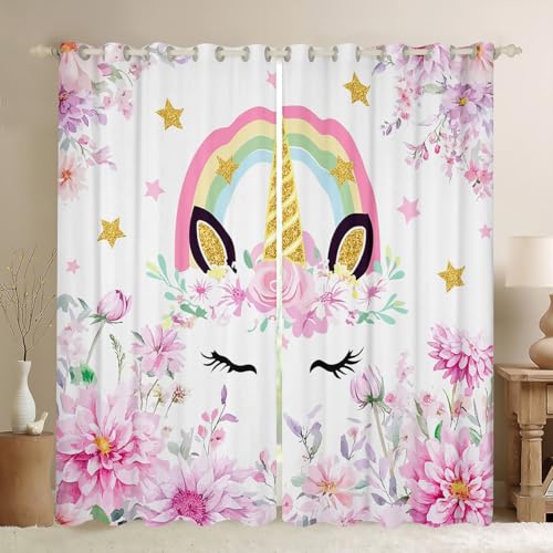 Einhorn Blackout Vorhänge, Blume Blumen Regenbogen Tier Fenster Vorhänge, Star Wimper Cute Fantasy Kinderzimmer Spielzimmer Dekor, Rosa Weiß 2 Panels, XL Größe von Manfei