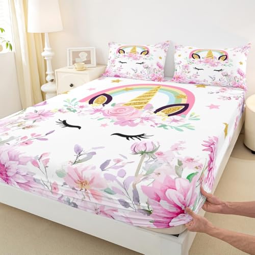 Einhorn Kids L Größe Einbaublatt, Blume Blumen Regenbogen Tier Jungen Mädchen Bettwäsche, Star Wimpern niedliche Fantasy Zimmer Dekor, rosa weiße Bettwäsche Set, 1 Kissenbezüge (Keine Wohnung) von Manfei