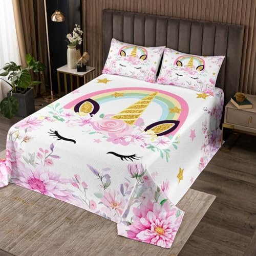 Einhorn Kinder Bettdecke S Größe, Blume Blumen Regenbogen Tier Coverlet Set, Mädchen Jungen Zimmer Dekor, Star Wimpern niedliche Fantasy Quilted Coverlet, rosa weiße Bettwäsche Quilt, 1 Kissenbezug Einhorn Kinder Bettdecke S Größe, Blume Blumen Regenbogen Tier Coverlet Set, Mädchen Jungen Zimmer Dekor, Star Wimpern niedliche Fantasy Quilted Coverlet, rosa weiße Bettwäsche Quilt, 1 Kissenbezug von Manfei