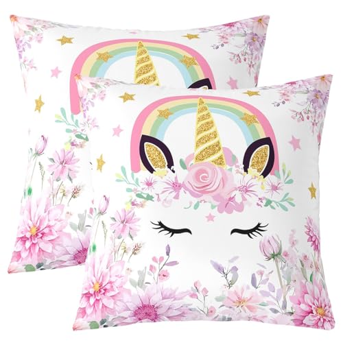 Einhorn Kinder werfen Kissen Abdeckung, Blume Blumen Regenbogen Tier Doppelseiten Kissenhülle, Star Wimpern niedliche Fantasy Home Decor,Bett Couch Sofa Kissen Abdeckung, 2 Packung 55x55 cm von Manfei