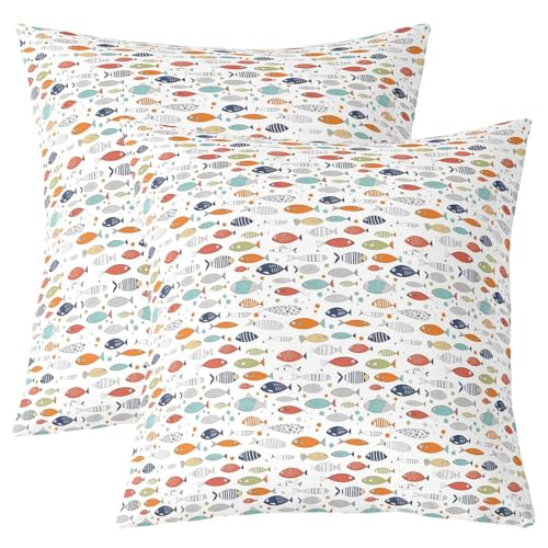Fisch Kinder werfen Kissen Abdeckung, Angeln Jagd Abenteuer Doppelseiten Kissenhülle, Lake Rutsic Bauernhaus Heimdekor, Bunte Bettcouch Sofa Kissen Abdeckung, 2 Packung 60x60 cm von Manfei