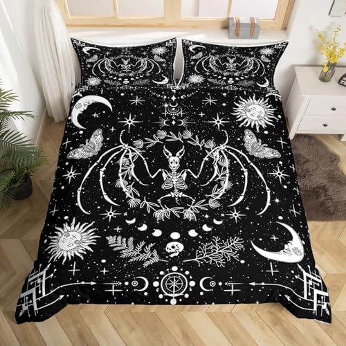 Fledermaus Tier Skelett Bettbezug Set L Größe,Sonne und Mond Bettwäsche Set,Schwarze weiße Sterne Schmetterling Tröster Abdeckung Mädchen Jungen Zimmer,Gothic Hippie Stil Quilt Cover,2 Kissenbezug von Manfei