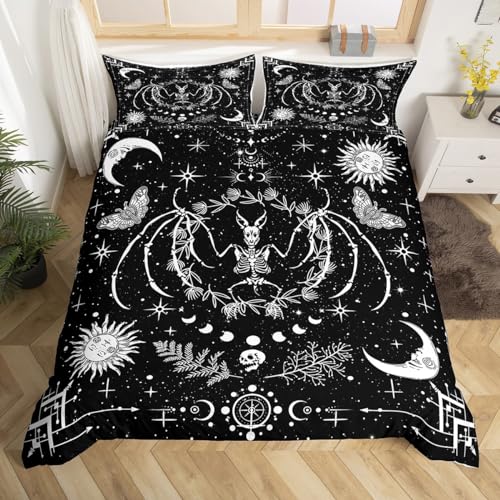 Fledermaus Tier Skelett Bettbezug Set M Größe,Sonne und Mond Bettwäsche Set,schwarze weiße Sterne Schmetterling Tröster Abdeckung Kinder Jungen Zimmer Gothic Hippie Stil Quilt Cover,1 Kissenbezug von Manfei