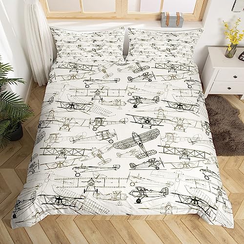 Flugzeug Bettbezug Set M Größe Kinder Skizze Flugzeug Bettwäsche Set,Jungen Teens Schlafzimmer Dekor Himmel Vintage Fliegen Thema Tröster Abdeckung Mikrofaser Khaki Gitter Quilt Cover,1 Kissenbezug von Manfei