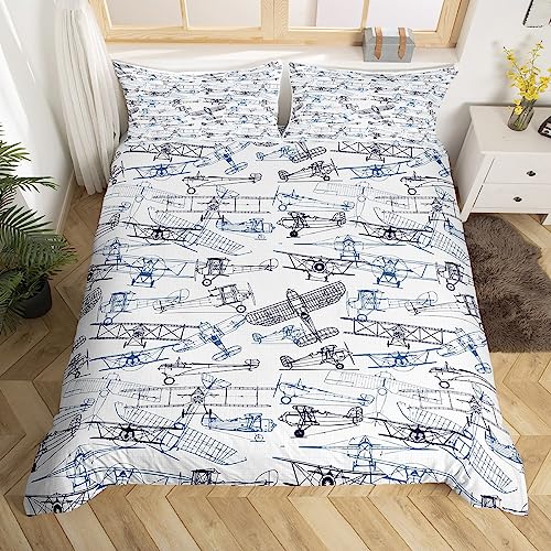 Flugzeug Bettwäsche Set Kinder Flugzeug Druck Bettbezug Set Jungen Mädchen Dekor Flugzeug Fliegende Tröster Abdeckung Skizze Stil Navy Blau Schwarz Weiß Quilt Cover Moderne Schlafzimmer M Größe von Manfei