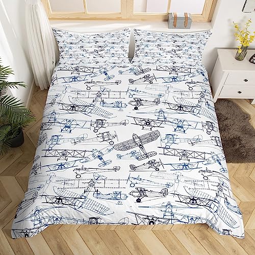 Flugzeug Bettwäsche Set Kinder Flugzeug Druck Bettbezug Set Jungen Mädchen Dekor Flugzeug Fliegende Tröster Abdeckung Skizze Stil Navy Blau Schwarz Weiß Quilt Cover Moderne Schlafzimmer S Größe von Manfei