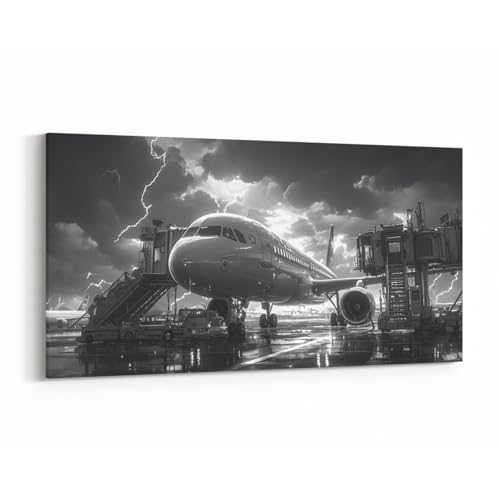 Flugzeug-Leinwandkunst, 121,9 cm L x 61 cm B, 3D-Blitz-Himmel-Druck, psychedelischer Wandbehang für Badezimmer, Schlafzimmer, modernes Flugzeug, Luftfahrt, grau-weiß, Leinwand-Wanddekoration von Manfei