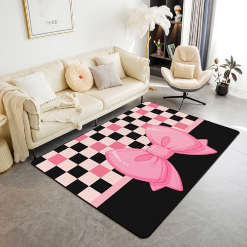 Fußmatte mit Cartoon-Schleife, für den Innenbereich, Kawaii-Fliege, Prinzessinnen-Stil, dekorativer Teppich für Schlafzimmer, Nachttisch, rosa schwarz, niedliche Schleife, geometrische Gitter, Linien Fußmatte mit Cartoon-Schleife, für den Innenbereich, Kawaii-Fliege, Prinzessinnen-Stil, dekorativer Teppich für Schlafzimmer, Nachttisch, rosa schwarz, niedliche Schleife, geometrische Gitter, Linien von Manfei