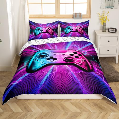 Gaming Gamepad Kinder Bettbezug Set S Größe,Videospiele Controller Mode Bettwäsche,Jungen Mädchen Zimmer Dekor,geometrische Honigwaben Hexagon Tröster Abdeckung,blau lila Quilt Cover,1 Kissenbezug von Manfei