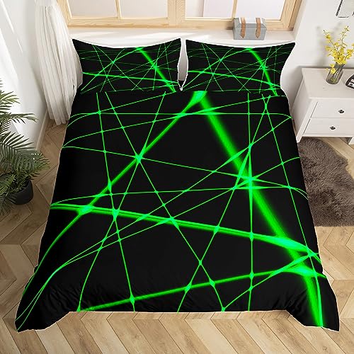 Geometrische Linien Bettwäsche Set S Größe,Neongrün blinkende Streifen Bettbezug Set Kinder Mädchen Erwachsenenzimmer Dekor Moderne abstrakte Tröster Abdeckung Mode Schwarz Quilt Cover,1 Kissenbezug von Manfei