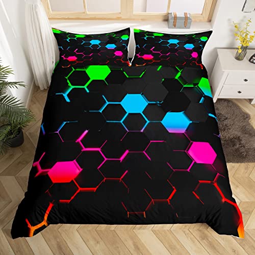 Geometrische Waben Bettbezug Kinder Jungen Neon Licht Bunte Hexagon Tröster Abdeckung S Größe,Teens Mädchen Gamer Zimmer Dekor Mode 3D Gaming Bettwäsche Set Moderne Schwarze Quilt Cover von Manfei