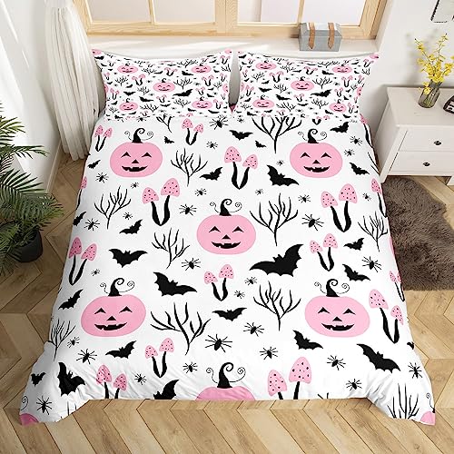 Glückliche Halloween Bettbezug Set S Größe,Rosa Kürbis Laterne Bettwäsche Set Nette Schwarze Fledermäuse Spinne Tröster Abdeckung für Kinder Mädchen Jungen Teens,Horror Festival Quilt Cover,weiß von Manfei