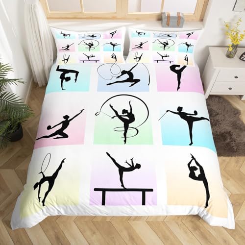 Gymnastik Bettwäsche Set M Größe,Gymnast Silhouette Bettbezug Set Kinder Mädchen Frau Teens Zimmer Dekor,Sport Tanzen Liebhaber Tröster Abdeckung Bunte Gitter Patchwork Quilt Cover,1 Kissenbezug von Manfei