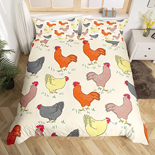 Hahn Hen Bettbezug Set S Größe Cartoon Geflügel Tiere Bettwäsche Set Kinder Jungen Mädchen Teens Rustikale Bauernhaus Tröster Abdeckung Vintage Gelb Quilt Cover,1 Kissenbezug von Manfei