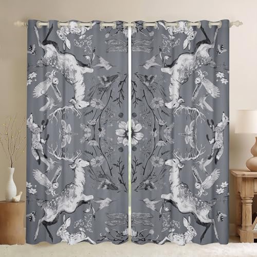 Hirsch rustikale Bauernhaus Blackout Vorhänge, Eule Kaninchen Dragonfly Insekt Jungen Mädchen Zimmer Dekor, Blumen Blatt Pflanze Fenster Vorhänge, Grau 2 Panels, S Größe Hirsch rustikale Bauernhaus Blackout Vorhänge, Eule Kaninchen Dragonfly Insekt Jungen Mädchen Zimmer Dekor, Blumen Blatt Pflanze Fenster Vorhänge, Grau 2 Panels, S Größe von Manfei