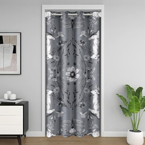 Hirsch rustikales Bauernhaus Kinder Tür Vorhang, Eule Kaninchen Dragonfly Insekt Blackout Vorhang, Blumen Blatt Pflanze Schlafzimmer Tür Wohnzimmer Dekor, graueVorhang 1 Panel, 42 "W X 80" L von Manfei