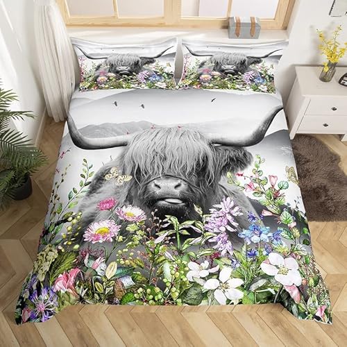 Hochland Kuh Bettbezug L Größe,Aquarell Blumen Kuhfell Bettwäsche Set für Kinder Teens Jungen Zimmer Dekor,Rustikale Bauernhaus Tröster Abdeckung Nette Tiere Pflanzen Quilt Cover,2 Kissenbezug von Manfei