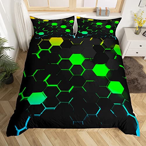 Honeycomb Bettwäsche Bettbezug S Größe,Kinder Geometrie Hexagon Bettwäsche Sets Grün Gelb Neon Lichter Tröster Abdeckung,Jungen Teen Mann Chic Kreative Quilt Cover mit 1 Kissenbezug,Schwarz von Manfei