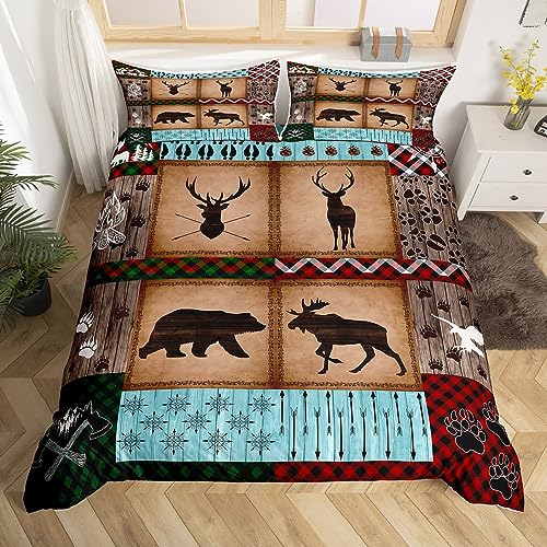 Jagdbär Hirsch Bettbezug Set,Rustikale Bauernhaus Stil Tröster Abdeckung Erwachsener Vintage Rot Grün Karo Bettwäsche,Kinder Mädchen Jungen Wilde Tiere Pfote Druck Abenteuer Pfeil Quilt Cover S Größe von Manfei