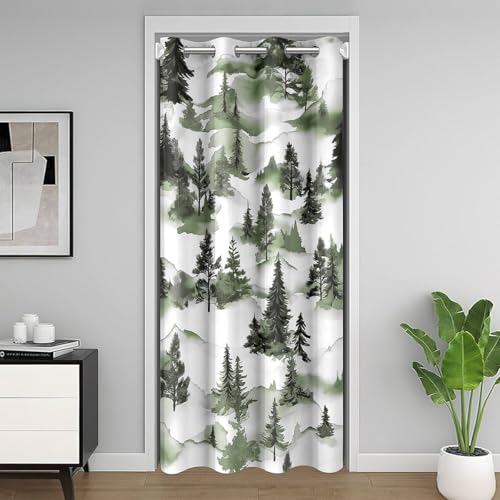 Jungle Pine Tree Kids Tür Vorhang,Berg Natur Pflanze botanische Blackout Vorhang,Rustikale Bauernhaus Cottage Schlafzimmer Tür Wohnzimmer Dekor,Grün WeißVorhang 1 Panel,34" W X 80" L von Manfei