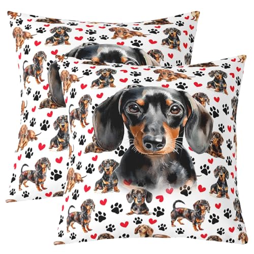 Kawaii Dachshund Kinder werfen Kissen Abdeckung, Hund Paw Claw Welpen Tier Doppelseiten Kissenhülle, Schönes Herz Hund Liebhaber Home Dekor,weiß rotes Bett Couch Kissen Abdeckung, 2 Packung 40x40 cm von Manfei