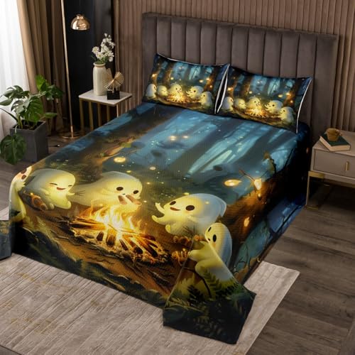Kawaii Geist Tagesdecke L Größe,Dschungel Camping Lagerfeuer Bettwäsche Set,Halloween niedliche Geist Tröster Set Mädchen Jungen Teens Zimmer Dekor,lustige Cartoon Quilt Coverlet,2 Kissenbezug Kawaii Geist Tagesdecke L Größe,Dschungel Camping Lagerfeuer Bettwäsche Set,Halloween niedliche Geist Tröster Set Mädchen Jungen Teens Zimmer Dekor,lustige Cartoon Quilt Coverlet,2 Kissenbezug von Manfei