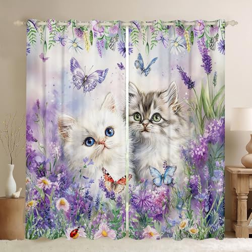 Kawaii Katze Blackout Vorhänge,Tierblume Blumen Schmetterling Fenster Vorhänge,Lavendel Daisy Katze Liebhaber Kinderzimmer Spielzimmer Dekor,Lila Grün 2 Panels, L Größe von Manfei