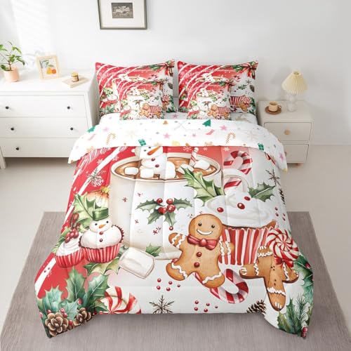 Kawaii Lebkuchenmann-Bettwäsche-Set, 7-teilig, Winter-Cupcake-Bettwäsche-Set, Frohe Weihnachten, King-Size-Bett (1 Steppdecke, 2 Kissenbezüge, 1 Bettlaken, 1 Spannbetttuch) von Manfei