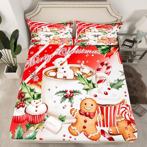 Kawaii Lebkuchenmann-Spannbetttuch, Winterkaffee-Cupcake-Bettwäsche-Set, Frohe Weihnachten, 3-teilig (kein Bettlaken), rustikale botanische Blumen, Blätter, tiefe Taschen, 2 Kissenbezüge von Manfei