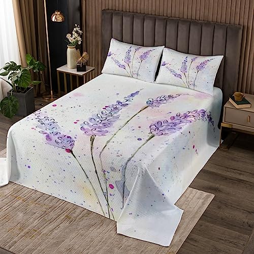 Lavendel Tagesdecke M Größe Aquarell Lila Krawatte Färbung Kunst Bettwäsche Kinder Mädchen Frauen Zimmer Dekor Natur Blume Botanische Tröster Set Rustikale Retro Coverlet Quilt,2 Kissenbezug von Manfei