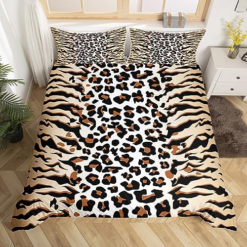 Leopard Print Bettbezug Set S Größe,Gepard Zebra Haut Streifen Bettwäsche Set,Kinder Mädchen Frau Zimmer Dekor,Tiere Pelz Rustikale Bauernhaus Tröster Abdeckung,Braun Retro Quilt Cover,1 Kissenbezug von Manfei