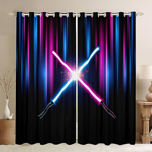 Lila Blau Lichtschwert Fenster Vorhang Neon Licht Geometrische Abstrakte Ombre Vorhänge Kinder Jungen Zimmer Dekor Mode Spiele Fenster Vorhang Cool Schwarz Fenster Vorhänge,2 Panels,L Größe von Manfei