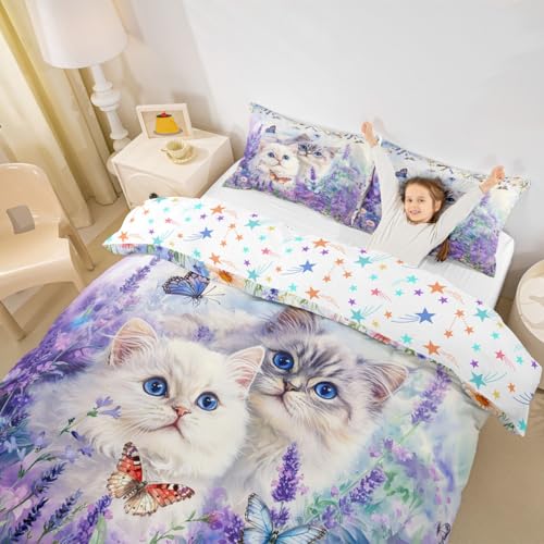 Lovely Cat Kids Bettdecke Set S Größe,Schmetterling Lavendel Daisy Floral Mädchen Jungen Bettwäsche Set,Blume niedliche Tier Träumige Zimmer Dekor,lila weiße Quilt Abdeckung,1 Kissenbezug(kein Deck) von Manfei