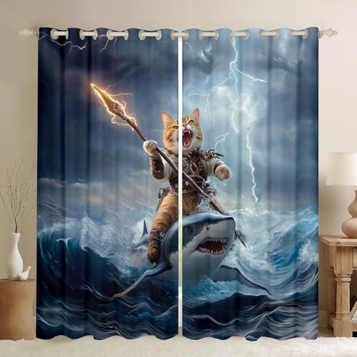 Lustige Katzenjungen Mädchen Zimmer Dekor, Hai Ozean Blitz Cool Fenster Vorhänge, Cartoon Tier magische Blackout Vorhänge, Blaue 2 Panels, S Größe Lustige Katzenjungen Mädchen Zimmer Dekor, Hai Ozean Blitz Cool Fenster Vorhänge, Cartoon Tier magische Blackout Vorhänge, Blaue 2 Panels, S Größe von Manfei