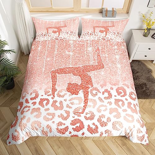 Mädchen Gymnastik Yoga Bettbezug Set S Größe,Glitter Leopard Print Bettwäsche Set Kinder Teens Frauen Zimmer Dekor,Cheerleader Tänzer Tröster Abdeckung Turner Sport Quilt Cover,1 Kissenbezug von Manfei