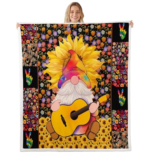 Manfei Aquarell-Überwurfdecke mit Sonnenblumen-Friedenssymbol, Bettdecke für Kinder, Mädchen, Zwerge mit Gitarren-Druck, Decke für Couch, Sofa, weiche und atmungsaktive Fleecedecke (228 x 228 cm) von Manfei