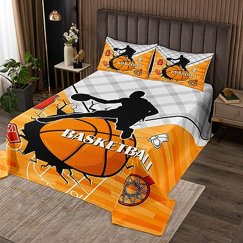 Manfei Basketball Kinder Tagesdecke S Größe,Basketball Feld Geometrische Gitter Bettwäsche Set Jungen Erwachsene Zimmer Dekor,Sport Wettbewerb Mode Tröster Set,Orange Quilt Coverlet,1 Kissenbezug von Manfei