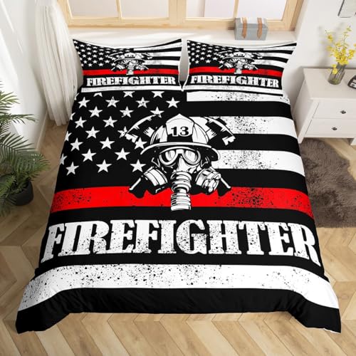 Manfei Bettbezug-Set mit amerikanischer Flagge, volle Größe, Feuerwehrmann-Bettbezug mit 2 Kissenbezügen, weißer Sternstreifen-Druck, Bettwäsche-Set, Feuer-Thema, Tagesdeckenbezug von Manfei