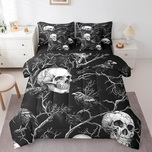 Manfei Bettwäsche-Set mit Gothic-Totenkopf-Motiv, 7-teilig, schwarze Krähe, exotische Vögel, Vintage-Design, Dschungelzweig-Bettwäsche-Set in einer Tasche, weich, Queen-Size-Bett (1 Steppdecke, 2 Manfei Bettwäsche-Set mit Gothic-Totenkopf-Motiv, 7-teilig, schwarze Krähe, exotische Vögel, Vintage-Design, Dschungelzweig-Bettwäsche-Set in einer Tasche, weich, Queen-Size-Bett (1 Steppdecke, 2 von Manfei