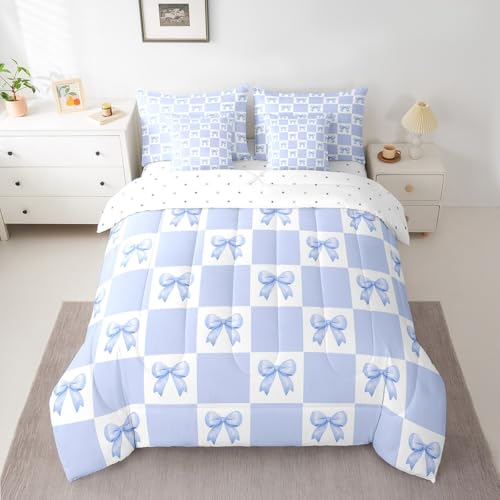 Manfei Bettwäsche-Set mit Prinzessinnen-Schleife, 7-teilig, Traumhafte blaue Fliege, Mädchen-Schleife, Tröster-Set mit Bettlaken für Kinder, geometrische Gitter, Karos, Patchwork, blau-weiß von Manfei
