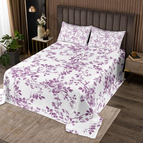Manfei Blumen Blätter Kinder Bettdecke S Größe, Boho Blatt Blumen natürliche Coverlet Set,Zimmer Dekor, Pflanze botanisches Land Quilted Coverlet, lila weiße Bettwäsche Quilt, 1 Kissenbezug von Manfei