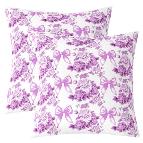 Manfei Bowknot Blumen Kinder werfen Kissen Abdeckung, Krawatte Blumen Blatt Pflanze Doppelseiten Kissenhülle, Botanische rustikale natürliche Heimdekor, Baby lila Bett Couch, 2 Packung 18 "x18 von Manfei