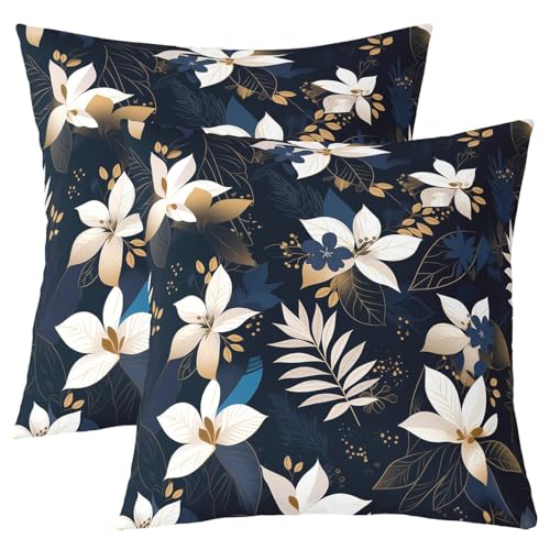 Manfei Cartoon Blumen Blätter Kinder werfen, Plam Blatt Boho Botanische Doppelseiten Kissenhülle, natürliche Pflanze rustikale Heimdekor, dunkelblaue und weiße Bettcouch Couch, 2 Packung 22 "x22 von Manfei