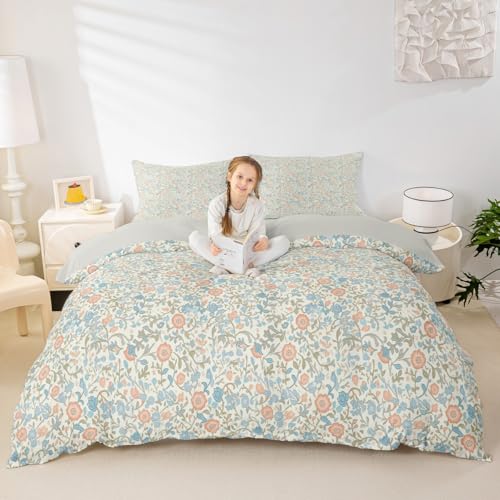 Manfei Cartoon Blumen Kinder Bettdecke Set L Größe, Blatt Blätter Pflanze Botanische Bettwäsche Set, Blumen Boho Vintage Zimmer Dekor, Pink Blaue Quilt Abdeckung, 2 Kissenbezüge (kein Decker) von Manfei