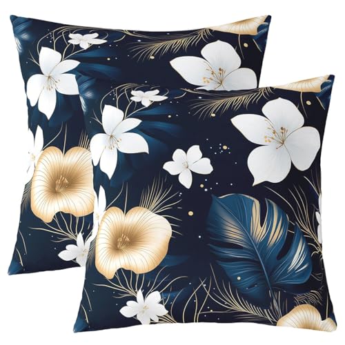 Manfei Cartoon Blumen Kinder werfen Kissen Abdeckung, Palmblätter Pflanze botanische Doppelseiten Kissenhülle, Floral Boho Vintage Home Decor, dunkelblaue Bett Couch, 2 Packung 18 "x18 von Manfei