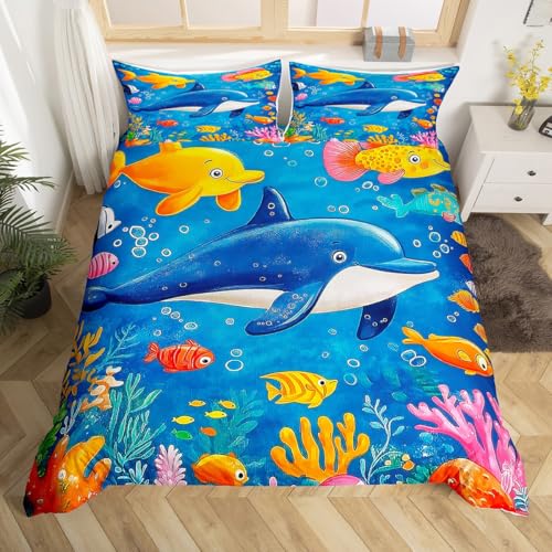 Manfei Cartoon Dolphin Bettdecke Set m Größe,Farbige Korallenfisch Bettwäsche Sets für Erwachsene Dekor,Seetiere Tröster Abdeckung Unterwasser Welt Quilt Abdeckung,1 Kissenbehälter von Manfei