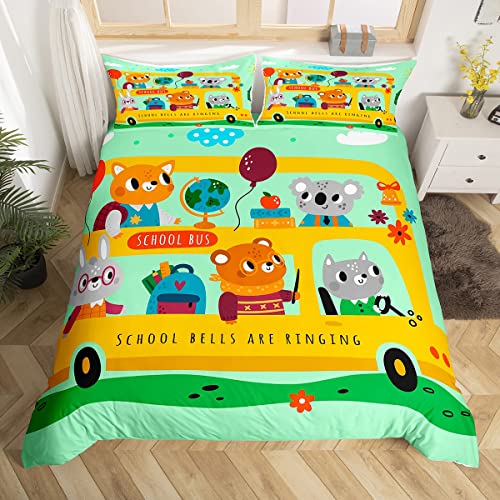 Manfei Cartoon Schulbus Kinder Bettbezug Set S Größe,Cute Fox Koala Tiere Kleinkind Bettwäsche Set,Mädchen Erwachsene,Schule Lernen Thema Tröster Abdeckung,Aquarell Quilt Cover,1 Kissenbezug von Manfei