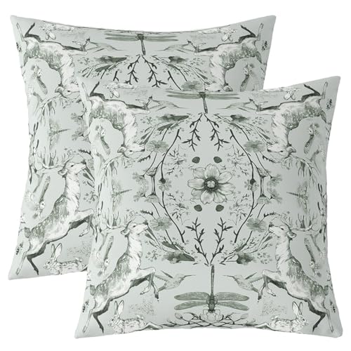 Manfei Cartoon Tier Kinder werfen Kissen Abdeckung, Rustikale Hirsch Eule Kaninchen Pflanze Doppelseiten Kissenhülle, Insekten Dragonfly Kabine Heimdekor, Lichtgrün Bett Couch, 2 Packung 16 "x16 von Manfei
