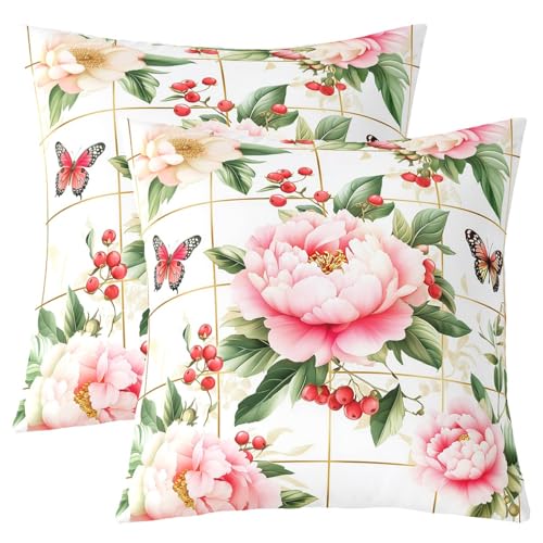 Manfei Chrysanthemum Kinder werfen Kissen Abdeckung, Blumen Blätter Botanische Doppelseiten Kissenhülle, Blumen Schmetterling Insekt Heimdekor, Rosa grün Bett Couch, 2 Packung 16 "x16 von Manfei